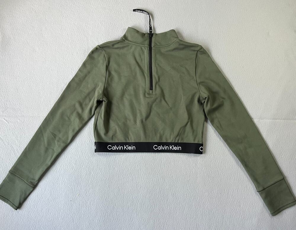 Calvin Klein Olive Green Performance Crop Top, Half Zip Mock Neck Activewear, LG